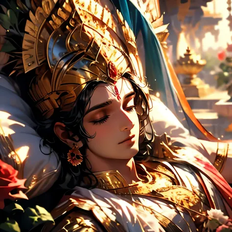 Lord Krishna slept among the roses, closeup shot