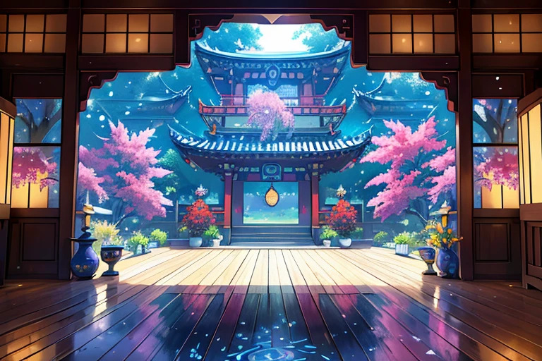 Immerse yourself in a (masterpiece, best quality, CGI:1.2) artwork that brings to life a fantastic vortex of colors in a vibrant magical realm, top quality, 8k, perfect lighting and composition, bloom, (gradients), evening, indoors, east asian architecture, reflective floor, wooden floor, human furniture, (intricate details:1.2), (glowing flora and fauna:1.2), creating a whimsical and enchanting atmosphere, (no humans:1.3), hatching (texture), courtyard in background, (blurry foreground:1.1), deep depth of field, floating particles