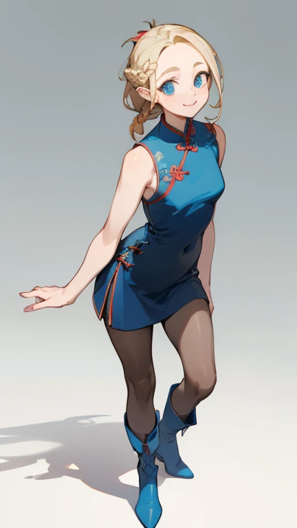 (masterpiece), ((best quality)), (super detailed), (beautiful eyes beautiful details eyes, Clean and delicate face), (whole body, standing), Single Braided blonde pony tail, parted bangs, forehead, blue eye, smile, wearing mini Cheongsam, Sleeveless, pantyhose, thigh, short boots, simple color background