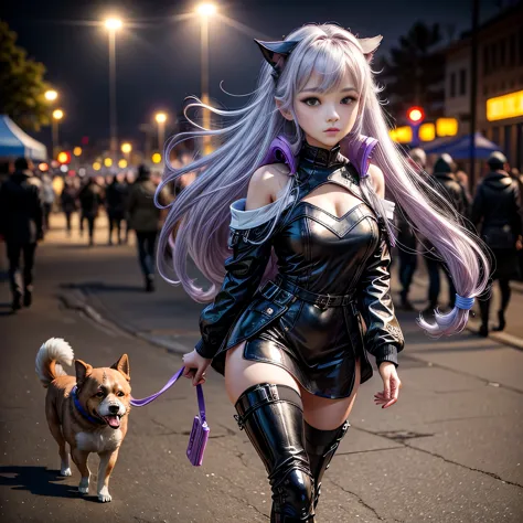 sdcgsd, masterpiece, best quality, 1girl and dog, walking with dog, (in the spring night park:1.3), purple white gradient long h...