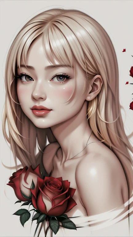 outline woman face, blond hair with red roses, b&w sketch drawing style, fine line, white background, elegant vibes, glamour, inspired by Boris Vallejo, Raphael, Caravaggio, Michelangelo, 3D, 32k,wong-chan-meiku