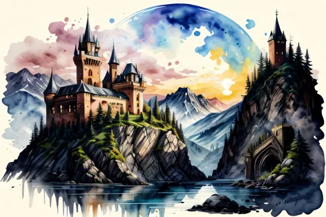 Castle ruins, Interior, Watercolor, art, art, Fantastic illustrations, upscale, fairy tale, Fairytale