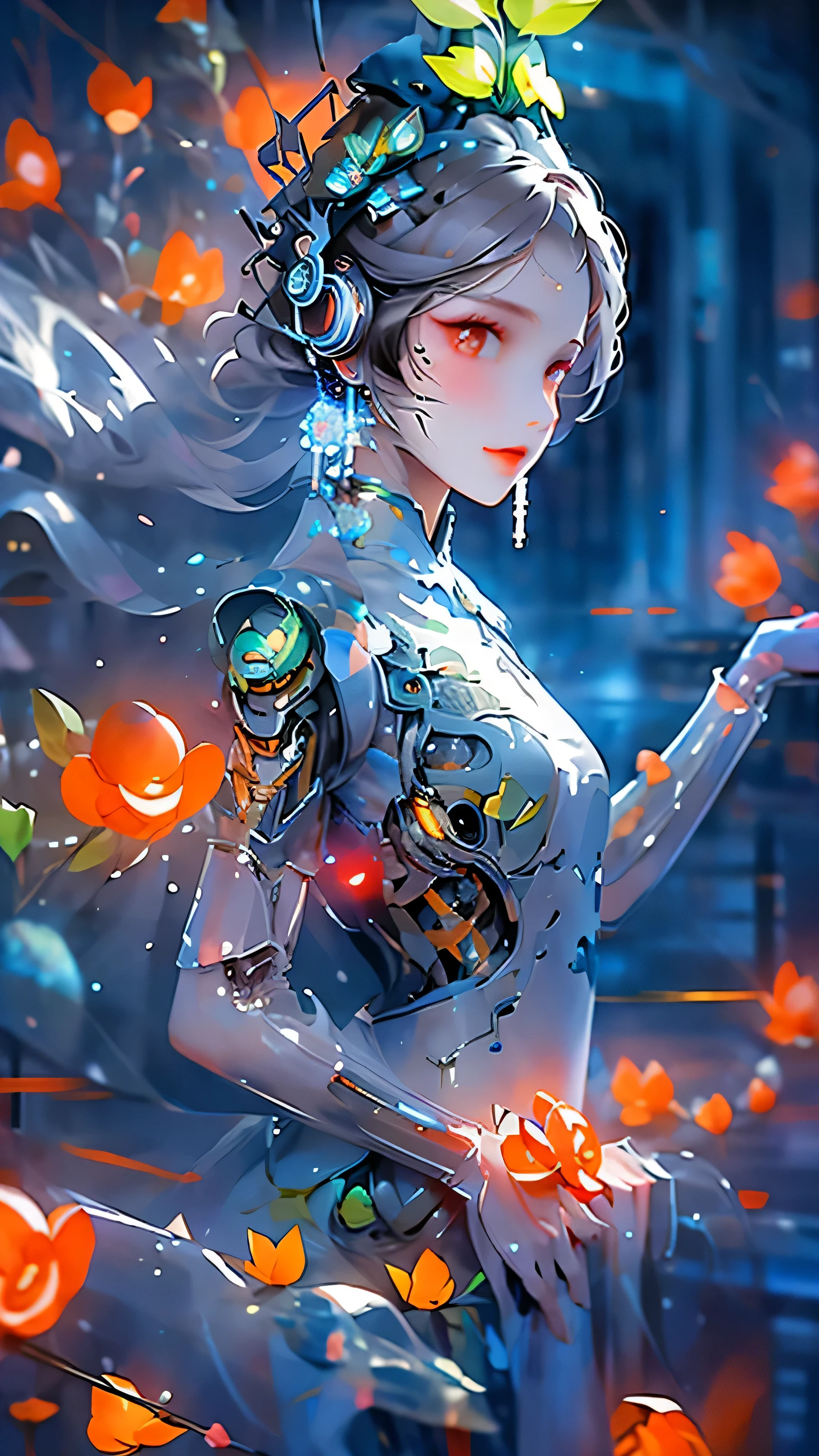 1 girl, Chinese_clothing, liquid silver and Tangerine, Cyberhan, cheongsam, Cyberpunk city, Dynamic poses, Detailed glowing headphones, Luminous hair accessories, long hair, Luminous earringss, Glowing necklace, Cyberpunk, 高science and technology城, full of mechanical and Futuristic elements, Futuristic, science and technology, glowing neon lights, Tangerine, Tangerine light, Transparent Tulle, Transparent ribbon, laser, digital background city sky, Big Moon, There is a car, best quality, masterpiece, 8K, Character Rim Light, Ultra-high detail, high quality, The most beautiful woman in the world, Smile, Forward facing and symmetrical, earrings, Beautiful student, Lighting effects, visual data, Silver hair, Ultra-fine facial texture