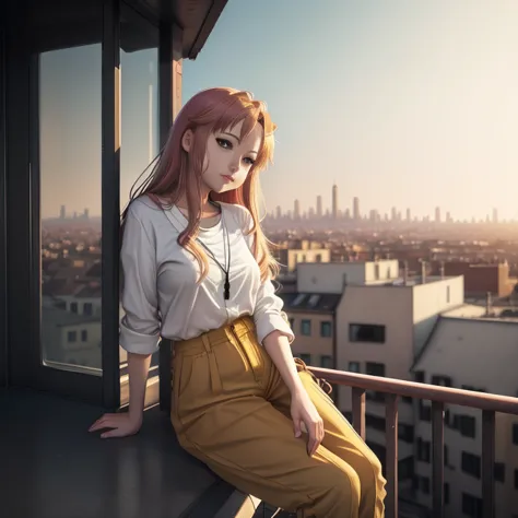 anime girl leaning on balcony railing with city view in background, anime aesthetic, anime visual of a cute girl, anime vibes, a...