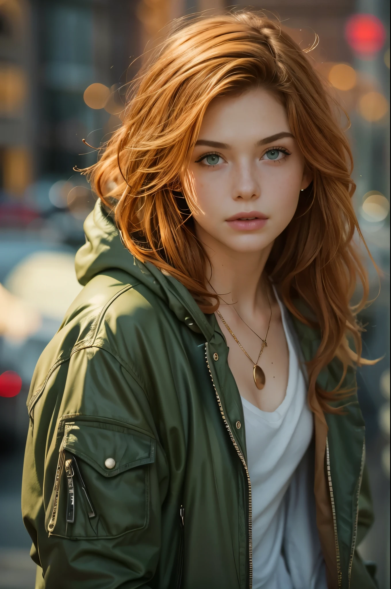 A Close Up Of A Woman With Red Hair Wearing A Green Jacket Seaart Ai 5458