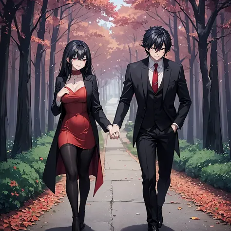 A man together with a woman holding hands walking in a park at night, with perfect lighting, (romantic mood) (holding hands perf...