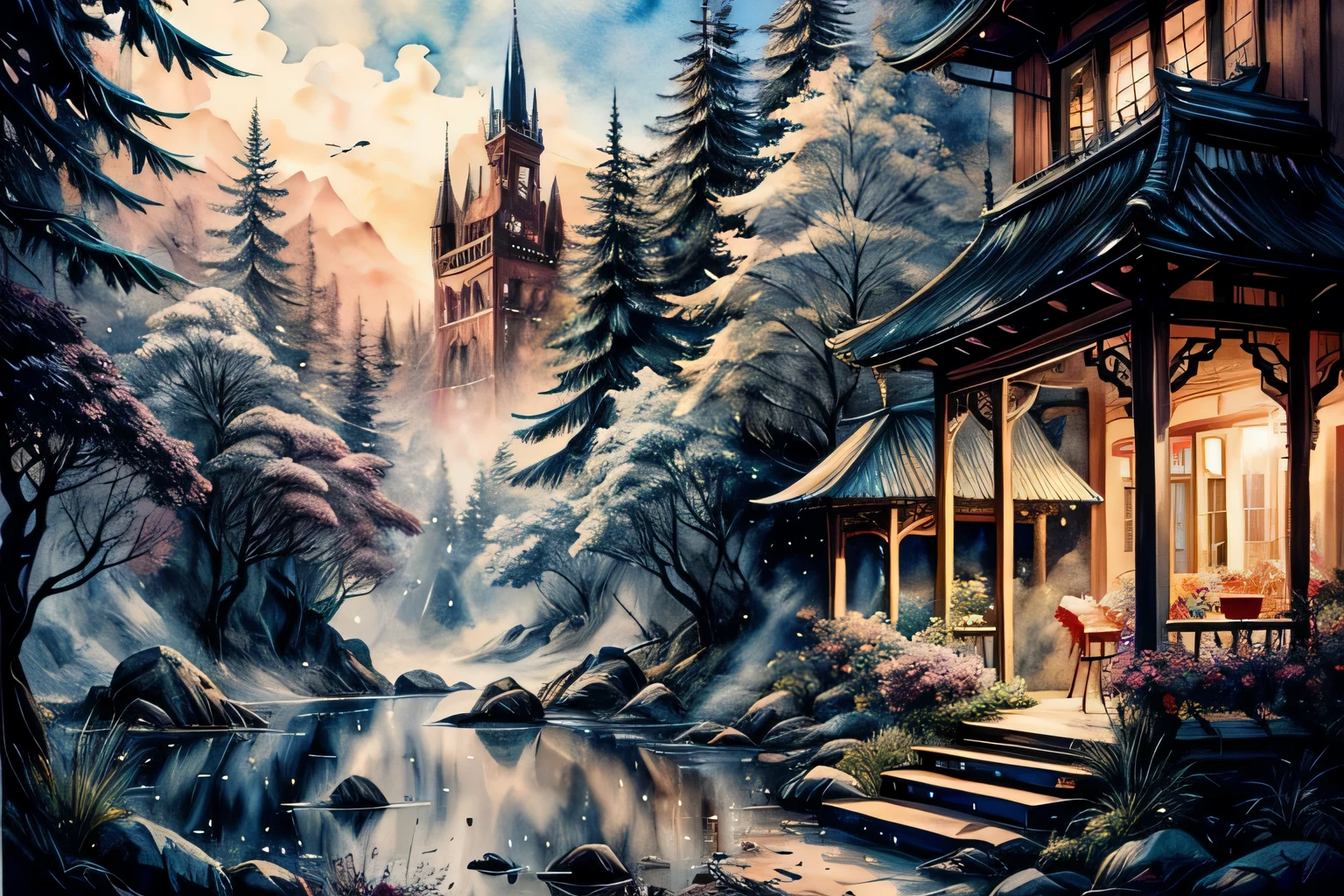 New Year Festival Venue, Interior, Watercolor, art, art, Fantastic illustrations, upscale, fairy tale, Fairytale