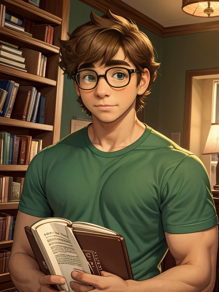 Cute, nerdy boy, brown hair, delicate face, beautiful face, shy expression and flushed cheeks, green eyes, delicate mouth, strong body. He's wearing round glasses, nerdy clothes, holding books. Scene, teenager's room.