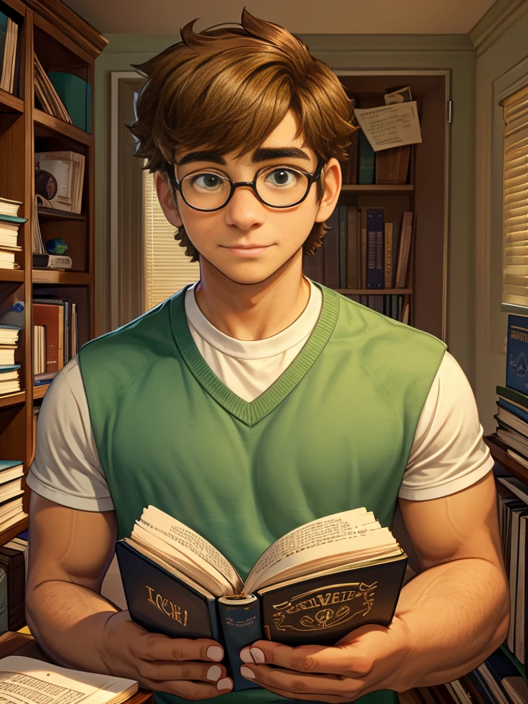 Cute, nerdy boy, brown hair, delicate face, beautiful face, shy expression and flushed cheeks, green eyes, delicate mouth, strong body. He's wearing round glasses, nerdy clothes, holding books. Scene, teenager's room.