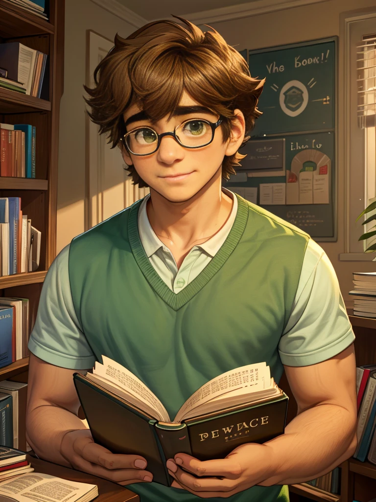 Cute, nerdy boy, brown hair, delicate face, beautiful face, shy expression and flushed cheeks, green eyes, delicate mouth, strong body. He's wearing round glasses, nerdy clothes, holding books. Scene, teenager's room.