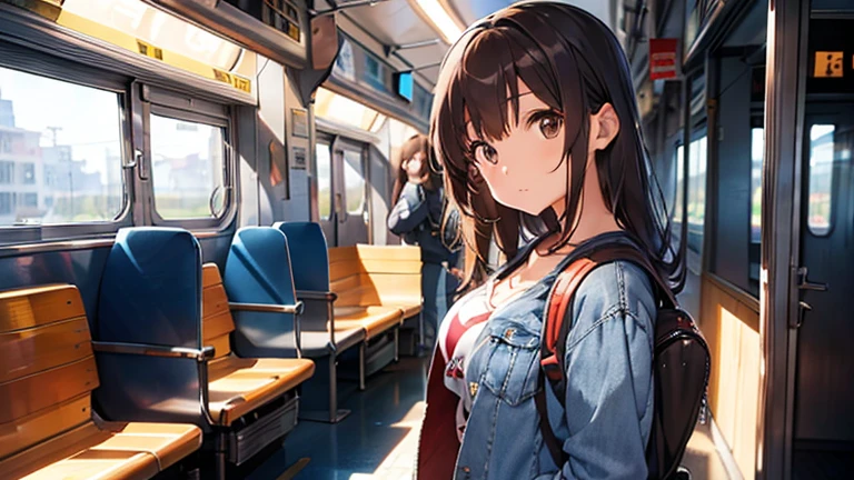 Shiho Nishizumi,jaqueta jeans azul,Calça Jeans,Cabelo semi-longo,Ashime Cabelo,cabelo castanho,olhos pretos,seios grandes,taciturno,Da frente,Cenário ensolarado,Sente-se em seu lugar,Dentro do trem,Pelo menos uma mochila,ligeiramente musculoso,bela qualidade de imagem,