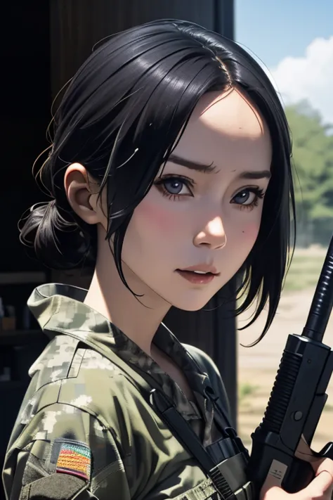 survival game、Camouflage、survival gameのフィールド、A beautiful girl is holding a rifle、head to waste、