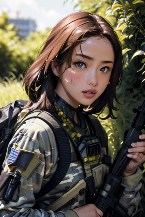 survival game、Camouflage、survival gameのフィールド、A beautiful girl is holding a rifle、head to waste、