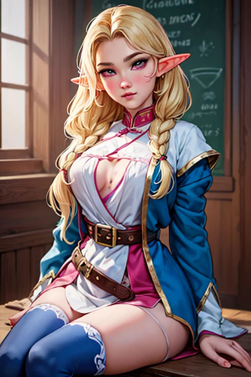 (1female elf ), masterpiece, best quality, super fine illustration, an extremely cute, highly detailed beautiful face looking at the viewer, 1girl, belt, close-up, looking at the viewer, 4k, high resolution, full body, The image features a female character with long blonde hair, wearing braids, wearing a blue and white .   The character looks directly at the camera with a soft gaze and calm expression.   Big bust,blonde hair,pink eyes,The image has a cartoon style and a soft color palette, creating a calm and contemplative atmosphere.  Scenario in front of everyone in the classroom, introducing himself,Wearing traditional Chinese  uniform 