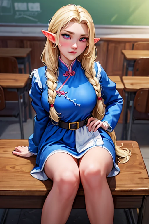 (1female elf ), masterpiece, best quality, super fine illustration, an extremely cute, highly detailed beautiful face looking at the viewer, 1girl, belt, close-up, looking at the viewer, 4k, high resolution, full body, The image features a female character with long blonde hair, wearing braids, wearing a blue and white .   The character looks directly at the camera with a soft gaze and calm expression.   Big bust,blonde hair,pink eyes,The image has a cartoon style and a soft color palette, creating a calm and contemplative atmosphere.  Scenario in front of everyone in the classroom, introducing himself,Wearing traditional Chinese  uniform 