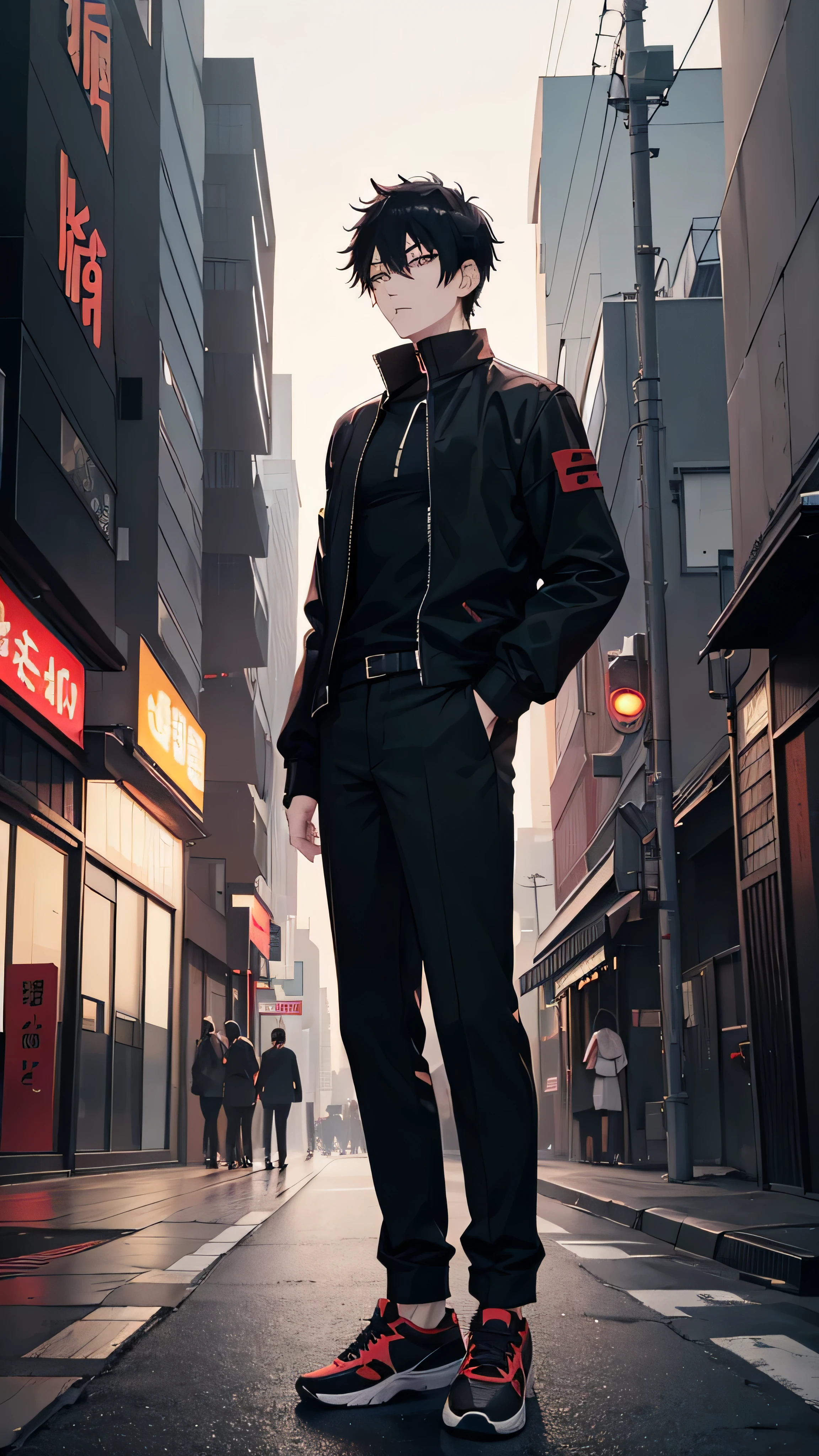 Korean man, really short hair, black hair, tall, jujutsu kaisen, jujutsu, black shirt, black open unzipped jacket, black trousers, modern tokyo background, sunset, grunge, aesthetic, dark, city street, eerie, moody, black and red sneakers, looking away from camera, full-body shot, reference drawing