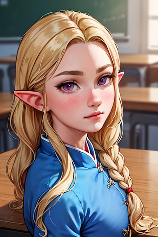 (1female elf ), masterpiece, best quality, super fine illustration, an extremely cute, highly detailed beautiful face looking at the viewer, 1girl, belt, close-up, looking at the viewer, 4k, high resolution, full body, The image features a female character with long blonde hair, wearing braids, wearing a blue and white .   The character looks directly at the camera with a soft gaze and calm expression.   Big bust,blonde hair,pink eyes,The image has a cartoon style and a soft color palette, creating a calm and contemplative atmosphere.  Scenario in front of everyone in the classroom, introducing himself,Wearing traditional Chinese  uniform 