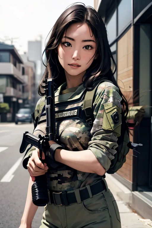 survival game、Camouflage、survival gameのフィールド、A beautiful girl is holding a rifle、head to waste、