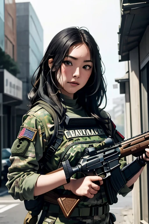 survival game、Camouflage、survival gameのフィールド、A beautiful girl is holding a rifle、head to waste、