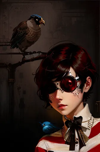 painting of a woman with a red and white striped shirt and a bird, inspired by Louis Grell, shigenori soejima illustration, lofi...