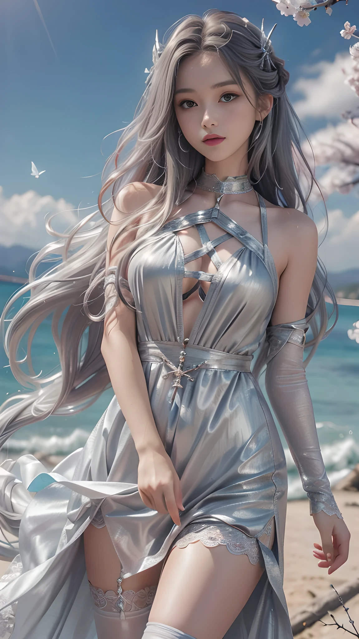 8K, ultra hd, masterpiece, hd color, 1 girl, perfect face, very long curly hair, detailed eyes, she wears a small silver dress, ((silver clothes)), stockings, (( criss-cross lace)), sardine, straps, clothing net, ((long loop)), jewelry, seaside, Realistic landscape, majestic landscape, standing in front of the night, evening, Butterfly , cherry blossoms, blowing wind, perfect posture, sexyly poses,