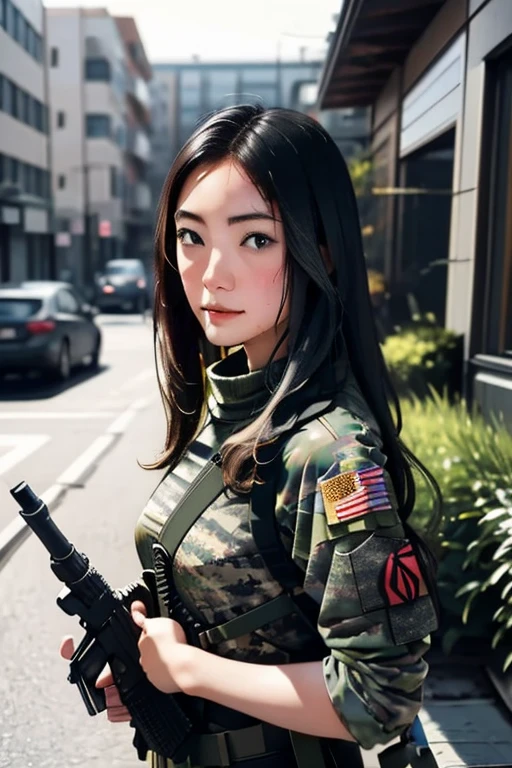 survival game、Camouflage、survival gameのフィールド、A beautiful girl is holding a rifle、head to waste、