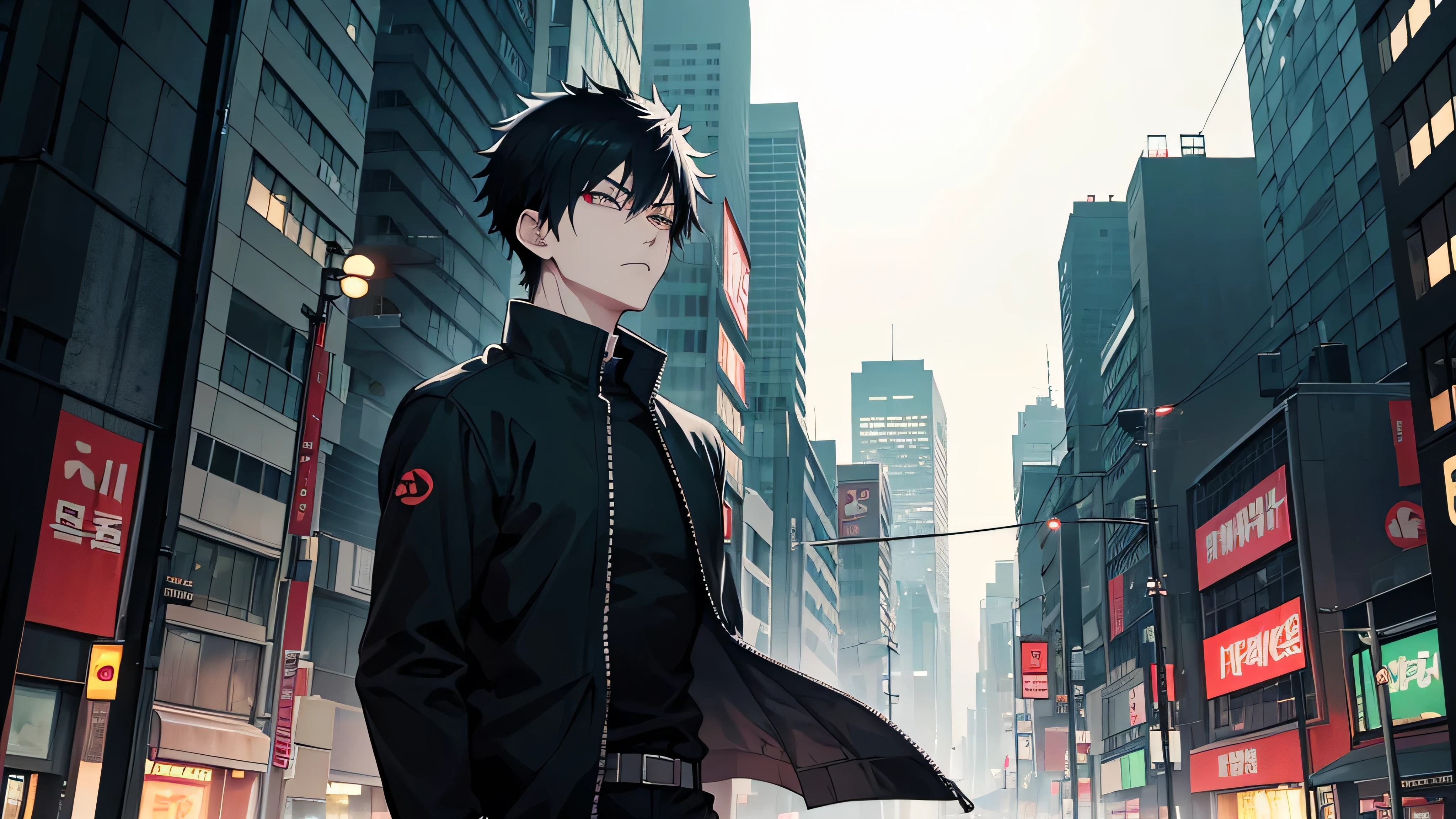 Korean man, really short hair, black hair, tall, jujutsu kaisen, jujutsu, black shirt, black open unzipped jacket, modern Tokyo background, sunset, grunge, aesthetic, dark, city street, eerie, moody, closeup, fighting stance, green eyes, sleek eyes, neutral expression, sighing, facing right