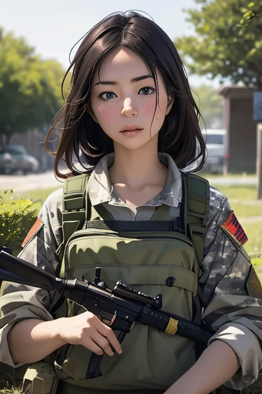 jeu de survie、camouflage、jeu de survieのフィールド、Une belle fille tient un fusil、tête à perdre、