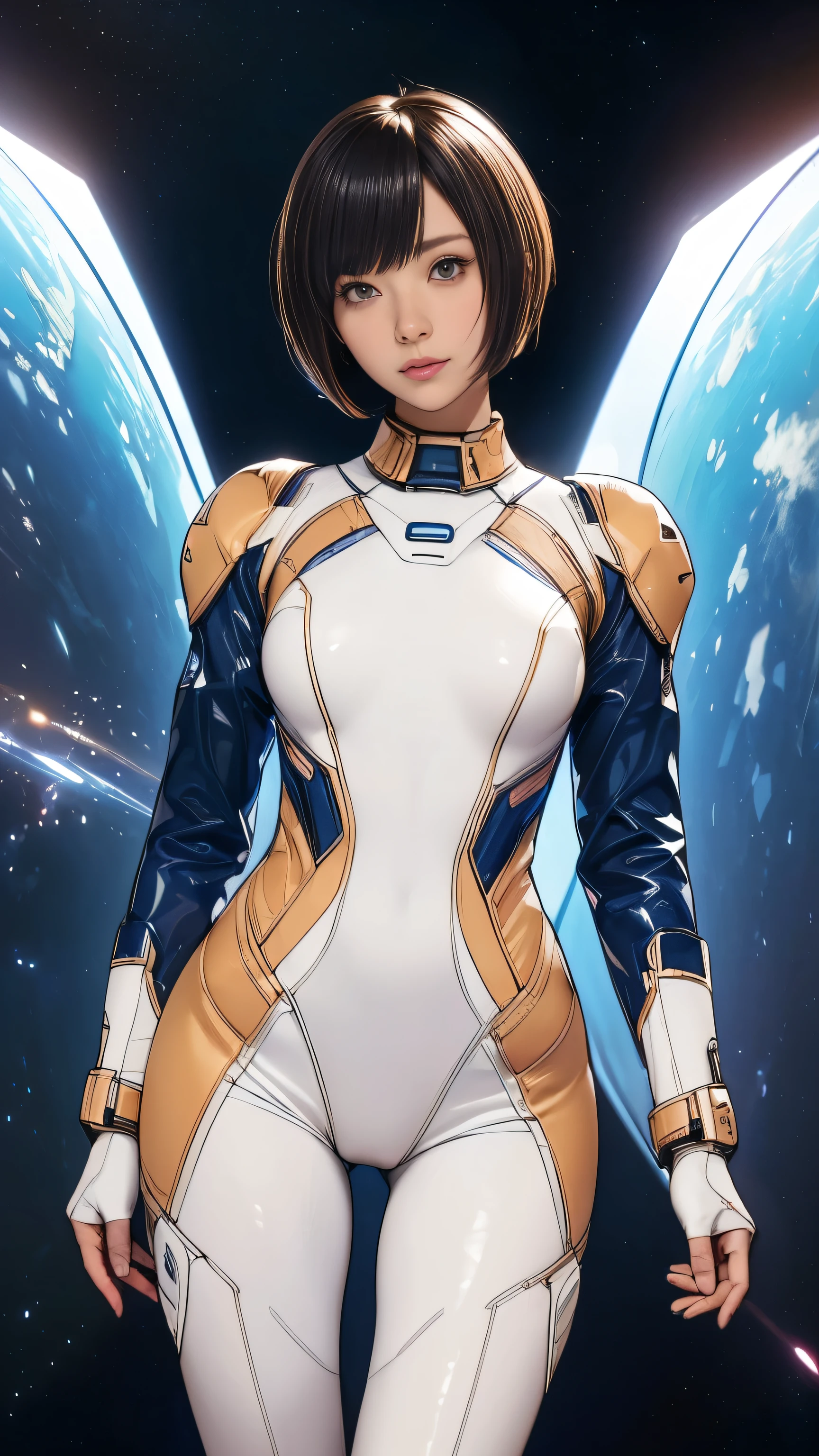 (masterpiece、highest quality、highest resolution、clear_image、Detailed details): (full body figure、 girl、Japanese face、small face、thin、navy blue super short bob cut hair、blue colored eyes、((navy long sleeve space suit、space helmet))、headset、cosmic handbag、cute type、gentle smile、soft expression、headset、(((knee high boots)))、gloves up to the elbow、eye level shot、face directly、woman on a spaceship), (((camel toe))), ((Pure white leotard))