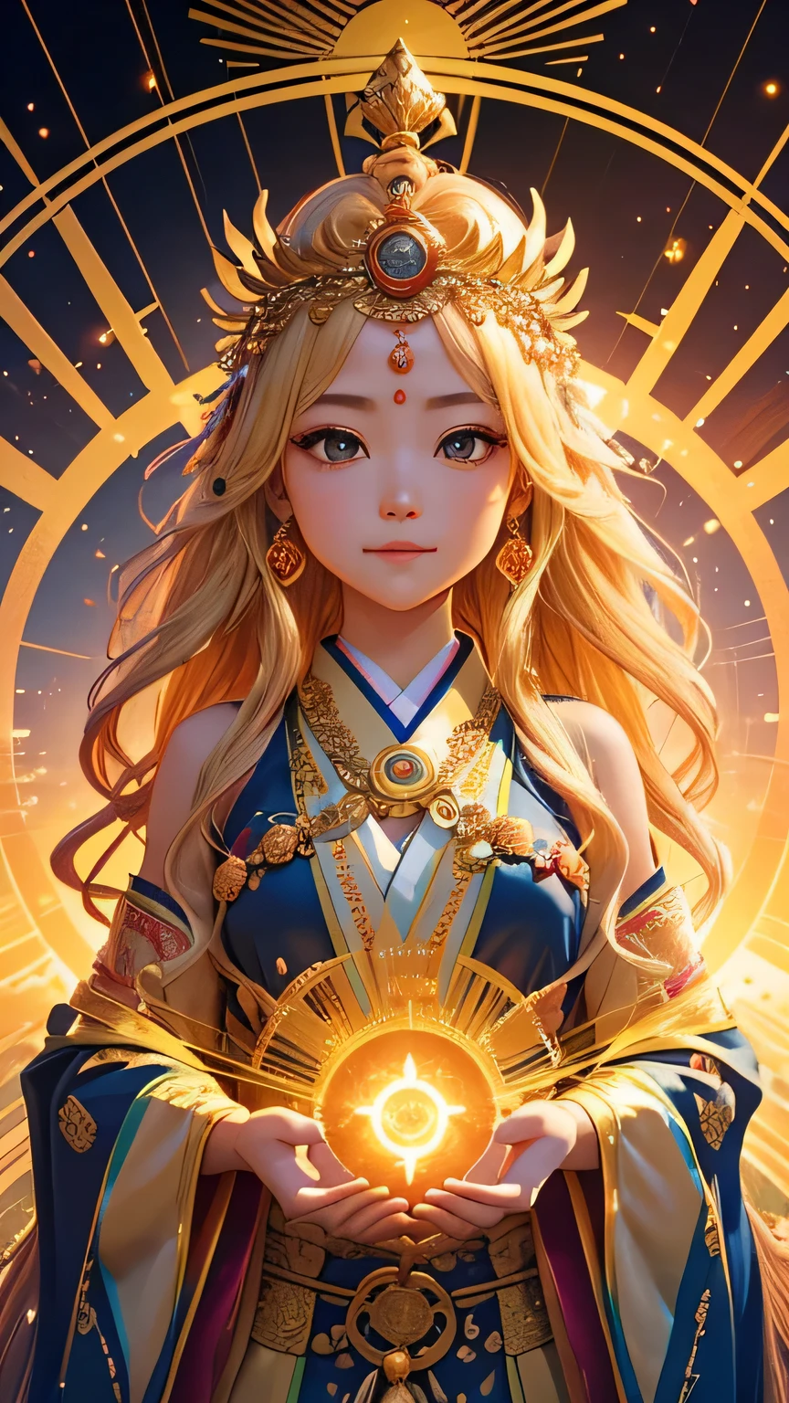 "Child of the Sun, Goddess of Love": Within a sacred sanctuary bathed in sunlight, depict the figure of a sun goddess who governs love, facing forward and emanating divine radiance. She is a , around 3 years old. Zoom in to focus on her face, with a gleaming orb of light in her hands, representing the life-giving power of the sun. Her hair is shimmering gold, and she is wearing a traditional miko outfit as seen in Japanese shrines. The background should be predominantly gold, evoking a sense of divine splendor, with numerous heart-themed objects expressing the beauty of love. The setting is in heaven, enveloped in soft, bright light, where one can find tranquility and peace of mind, free from any trace of anxiety.