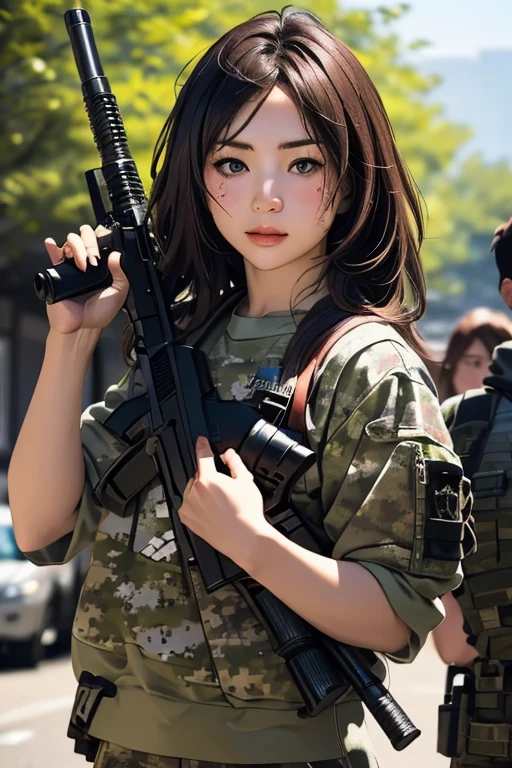 survival game、Camouflage、survival gameのフィールド、A beautiful girl is holding a rifle、head to waste、