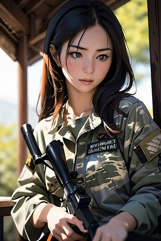 survival game、Camouflage、survival gameのフィールド、A beautiful girl is holding a rifle、head to waste、