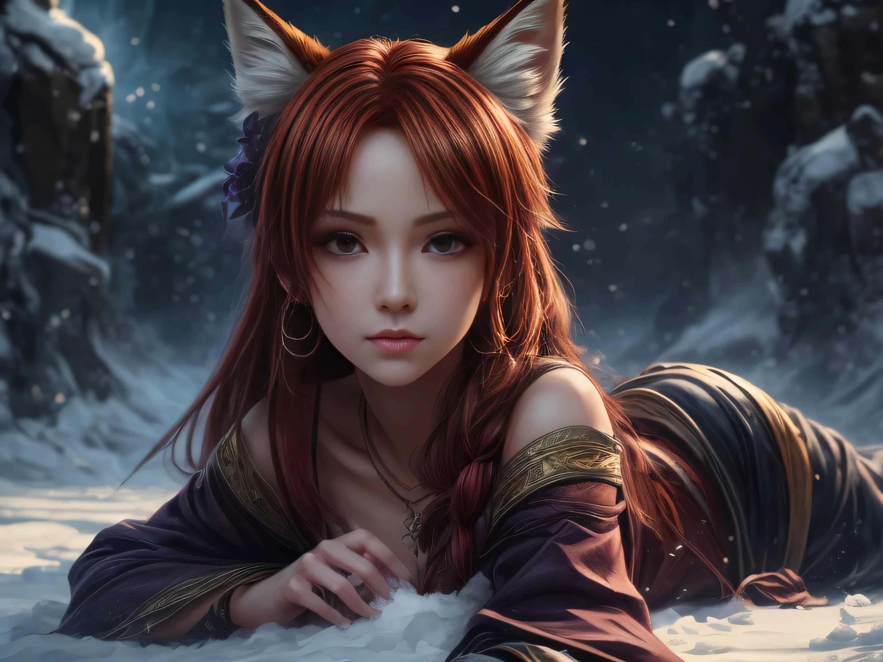 (Best quality, 8K, masterpiece, HDR, soft lighting, picture perfect, realistic, vibrant), foxgirl with red hair and little fox lying on the snow, kitsune, beautiful fox, nobushi fox, beautiful female kitsune, digital anime illustration, beautiful illustration, beautiful digital artwork, exquisite digital illustration, realistic digital anime art, realistic anime style digital art, (ultra high quality fantasy art, final fantasy), masterpiece, ultra high quality female character design, anime art with development 8k, realistic anime art, wallpaper illustrations of the highest quality, complex ultra high quality accurate faces of female characters, high quality design and accurate physics (ultra high quality fantasy style)), art, dark fantasy)) Style), masterpieces, super high quality characters, anime resolution - 8K, realistic anime art, highest quality wallpaper illustration, ultra-high facial detail, quality design and physics accuracy), by color, depth of field, shadows, ray tracing, high quality and 8K resolution computer wallpaper production, Fantasy Love Fox, Dark Fox -mage, (Accurate simulation of the interaction of light and materials)], [Highly detailed hair [More about beautiful and shiny red hair]], (Beautifully detailed hands [perfect fingers [Beautiful nails]], (perfect anatomy (perfect proportions)) [[ Full-length]], [Perfect color combination (Accurate imitation of the interaction of light and material)], [art that conveys the meaning of the story]