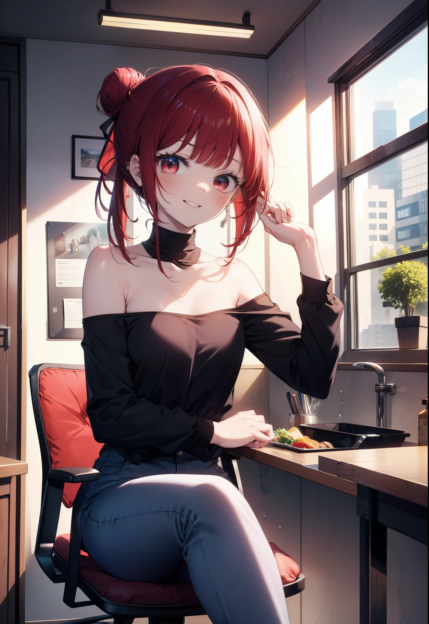 Arima etc.., Arima Kana, (Red eyes:1.5), Red Hair,Long Hair,happy smile, smile, Open your mouth,Hair Bun, single  Hair Bun,Redhead,Off-the-shoulder shirt,Exposing shoulders,skinny pants,Stiletto heels,sitting cross-legged on a chair,There is a lunch box on the table,whole bodyがイラストに入るように,Daytime,Clear skies,
壊す looking at viewer,whole body,
Breaking indoors,office,　　　　　　　　　　　　(masterpiece:1.2), highest quality, High resolution, unity 8k wallpaper, (shape:0.8), (Beautiful and beautiful eyes:1.6), Highly detailed face, Perfect lighting, Extremely detailed CG, (Perfect hands, Perfect Anatomy),