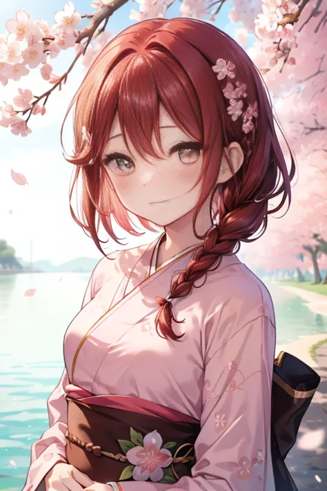 ri sakurai, sakura pears, (brown eyes:1.5), hair between the eyes, long hair, (red hair:1.5), (small breasts:1.2), smile,cherry ...