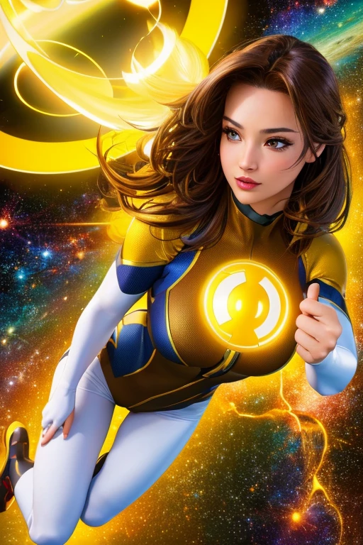 (best quality,4k,8k,highres,masterpiece:1.2),ultra-detailed,(realistic,photorealistic,photo-realistic:1.37),,superhero,sexy ,(Masterpiece, 4k resolution, ultra-realistic, very detailed) masterpiece, best quality, 1girl, , brown eyes, yellow lantern costume, space background UHD