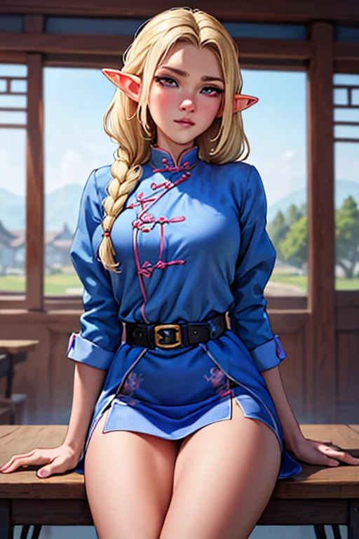 (1female elf ), masterpiece, best quality, super fine illustration, an extremely cute, highly detailed beautiful face looking at the viewer, 1girl, belt, close-up, looking at the viewer, 4k, high resolution, full body, The image features a female character with long blonde hair, wearing braids, wearing a blue and white .   The character looks directly at the camera with a soft gaze and calm expression.   Big bust,blonde hair,pink eyes,The image has a cartoon style and a soft color palette, creating a calm and contemplative atmosphere.  Scenario in front of everyone in the classroom, introducing himself,Wearing traditional Chinese  uniform 