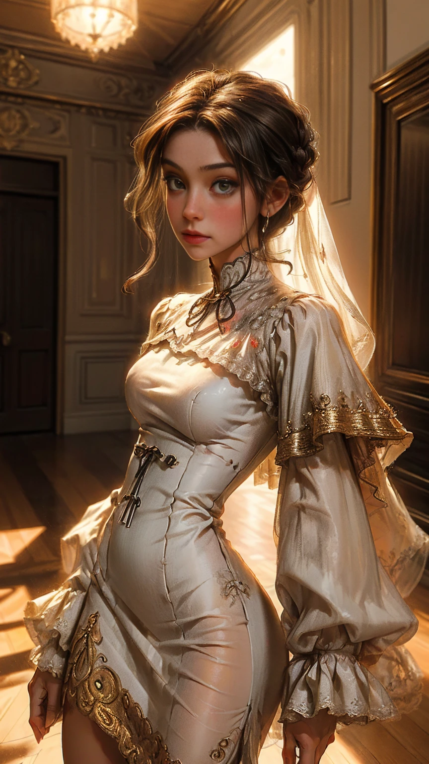 ((beautiful detailed maiden dressed in a beautiful white lace dress, 1800s style:1.5)), elegant mansion from the 1800s interior, hyper detailed, 8k, high quality, ultra realistic, realistic lighting, photorealistic, cinematographic, very detailed face and eyes, beautiful detailed dress, intricate details, chiaroscuro lighting, dramatic shadows, warm color tones, golden hour lighting, ornate decoration, luxury furniture, parquet floors.
