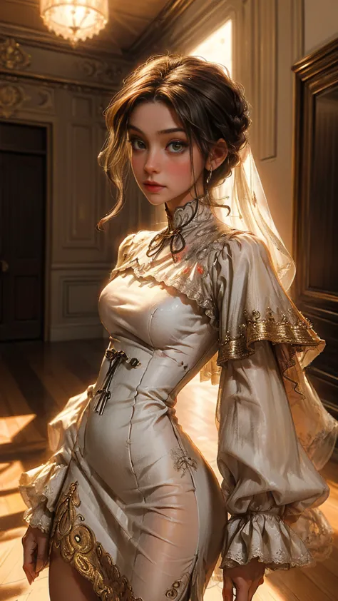 ((hermosa doncella detallada vestida con un hermoso vestido de encaje blanco, 1800s style:1.5)), elegant mansion from the 1800s ...