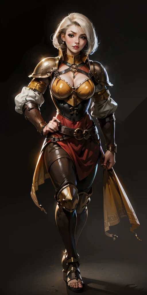 ((BLACK BACKGROUND:1.2, Masterpiece)) (Forest:Face:LORA) (red blushed, red cheeks)1solo female full body MILF BIMBO standing straight symmetrical with two long thighs and two metal sandals, red eyes like rubies, eye focus looking to the viewer, silver white hair, short bob style hair, big knockers breastplate, breastplate, cleavage, tiara royal, long cape up to two feet, yellow bikini (yellow tiger stripes), lustful smirking smiling, smile face, pauldrons metal shoulders, gold sleeveless bracelets, separate sleeves, hands on waist hands OR hips, golden bracers, metal handcuffs, leather corset, red loincloth, black leather choker slave collar, shackles bracelets, slave red crest under navel, navel, big belt around waist OR hips, feet together, metal ankle, two long thighs and two metal sandals