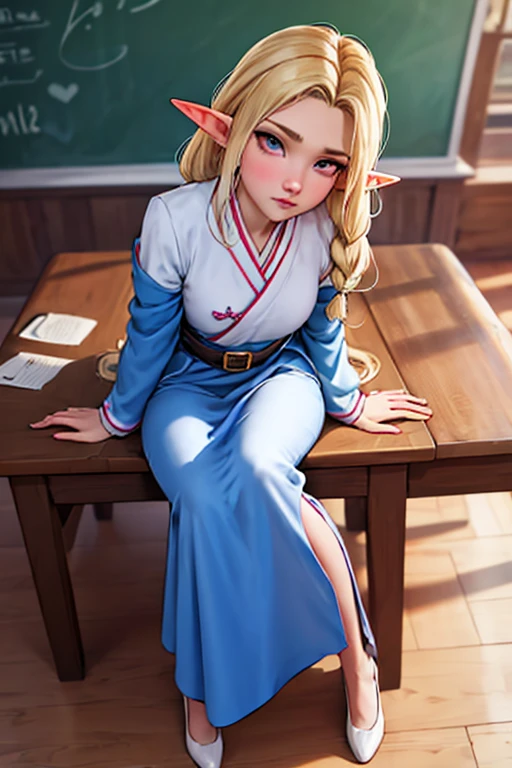 (1female elf ), masterpiece, best quality, super fine illustration, an extremely cute, highly detailed beautiful face looking at the viewer, 1girl, belt, close-up, looking at the viewer, 4k, high resolution, full body, The image features a female character with long blonde hair, wearing braids, wearing a blue and white .   The character looks directly at the camera with a soft gaze and calm expression.   Big bust,blonde hair,pink eyes,The image has a cartoon style and a soft color palette, creating a calm and contemplative atmosphere.  Scenario in front of everyone in the classroom, introducing himself,Wearing traditional Chinese  uniform 