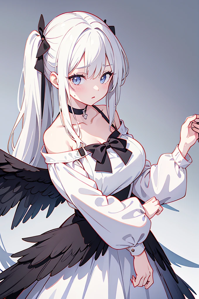 Cowboy Shot, (Black wings:1.2), Very long hair, Very large breasts,Side Ponytail, choker, Holding, Off the shoulder, (White Dress:1.3), White jacket,Hello,