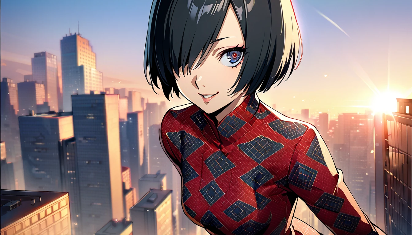 1girl, expressive eyes, sneaky smile, black hair, short hair, hair in front of one eye, red patterned clothes, big urban city in sunset in background, persona in background, detail richness, masterpiece, best quality, PERSONA style, Soejima Shigenori style