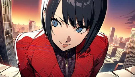 1girl, expressive eyes, sneaky smile, black hair, red patterned clothes, big urban city in sunset in background, jojo stand in b...
