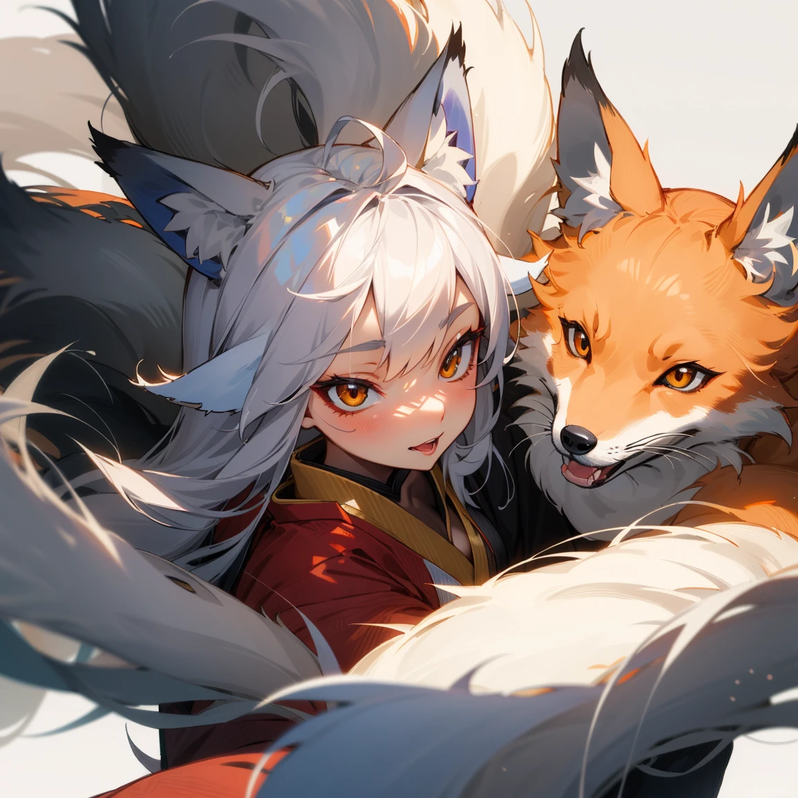 Fox Girl, Fox&#39;s Tail, Nine-Tailed Fox,Fox Ears, Black colored hair, Fox Makeup, Kimono with open chest,, Nice body, Avatar, face, Open chest, lewd face, Dominant representation, naughty face,Big Breasts,Emphasize cleavage,Show bare skin