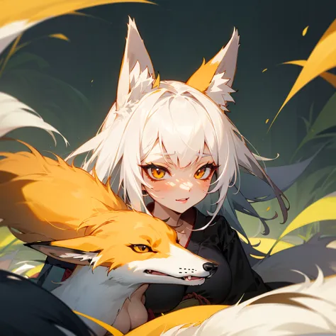 fox girl, fox&#39;s tail, nine-tailed fox,fox ears, black colored hair, fox makeup, kimono with open chest,, nice body, avatar, ...