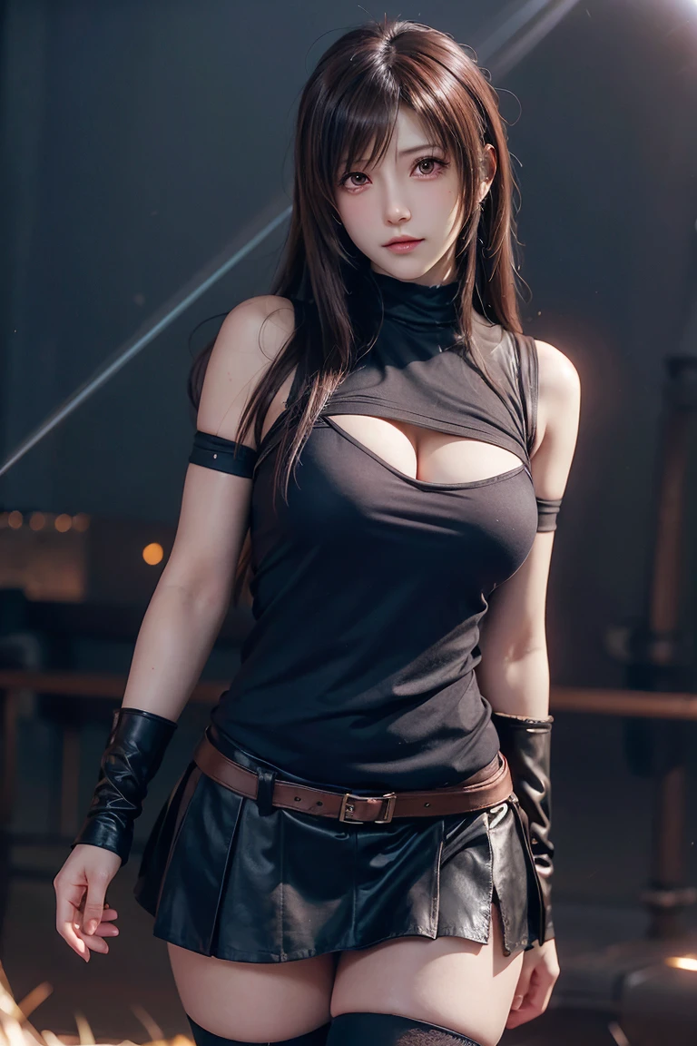 Tifa Lockhart, wallpaper, landscape, Depth of written boundary, night, Particles of light, light, Side lighting, Thighs, skirt, Red eyes, Brown Hair, Thigh-high socks, Arm Sleeves、Cleavage

