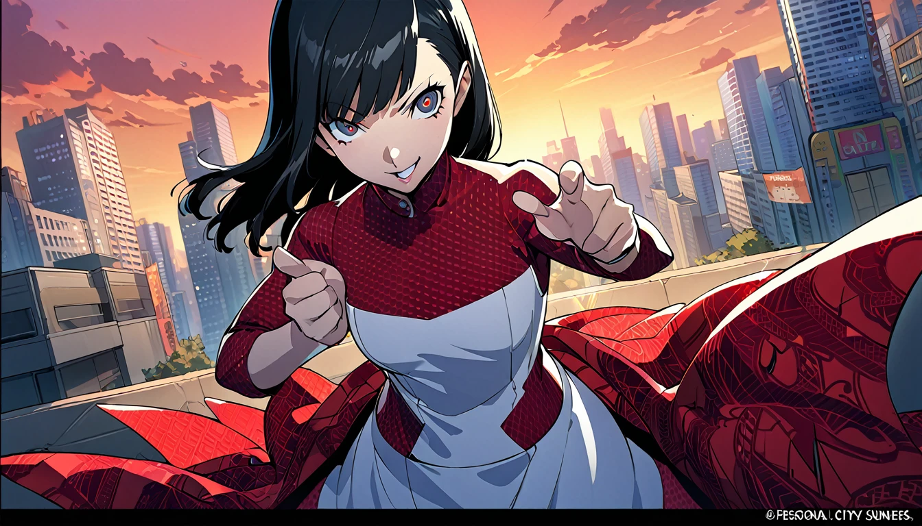 1girl, expressive eyes, wink, sneaky smile, black hair, red patterned clothes dress, jojo poses, big urban city in sunset in background, jojo stand in background, detail richness, masterpiece, best quality, PERSONA style, Soejima Shigenori style