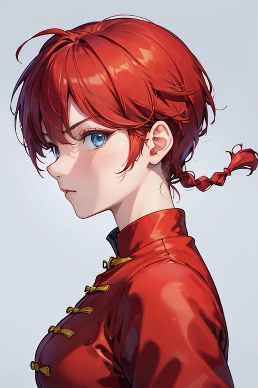 ((masterpiece)), high quality, very_high_resolution, large_filesize, full color, heavy outline, clear outline, colorful, (beautiful detailed eyes), (beautiful face:1.3), (boyish face:1.3), 1 girl, (femaleranma), (red hair), short hair, (braided ponytail), ((bangs)), bumpy bangs, blue-gray eyes, big breasts, curvy, femaleranma, braided ponytail, (red chinese clothes), sleeveless, tangzhuang, black pants, cameltoe, standing, upper body, ((from side:1.4)), ((portrait:1.8)), ((face focus:1.4)),