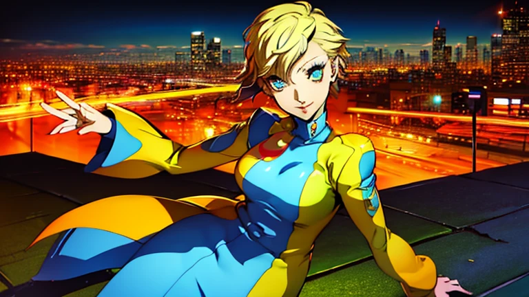 1girl, expressive eyes, wink, sneaky smile, patterned clothes dress, jojo poses, big urban city in night time in background, jojo stand in background, detail richness, masterpiece, best quality, PERSONA style, Soejima Shigenori style